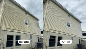 Before and after image of a beige two-story house wash, showing the transformation from a dirty, stained exterior to a clean, revitalized surface.