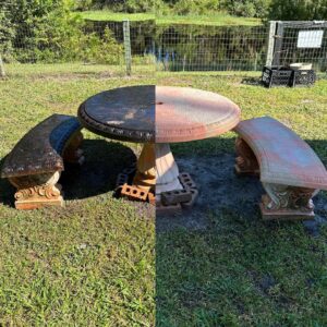 Before and after image of an outdoor table, showing the transformation from a dirty, weathered surface to a clean, restored tabletop.