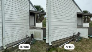 Before and after image of a white house wash, showcasing the transformation from a dirty, weathered exterior to a clean, bright, and restored home.