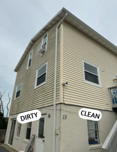 Before and after image of a beige two-story house wash, showing the transformation from a dirty, stained exterior to a clean, revitalized surface.