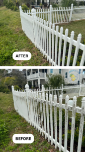 Before and after image of a vinyl picket fence, showcasing the transformation from a dirty, faded surface to a clean, bright, and refreshed fence.