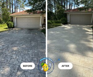 Before and after image of a stamped driveway, highlighting the transformation from a stained, weathered surface to a clean, vibrant, and restored driveway.