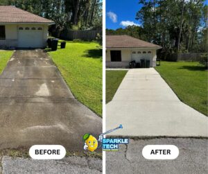 Before and after image of a driveway cleaning, highlighting the difference between a stained, dirty surface and a clean, restored driveway.