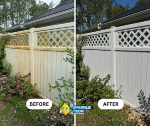 Before and after image of a white vinyl fence covered in rust, showing the transformation from a rust-stained surface to a clean, restored fence.