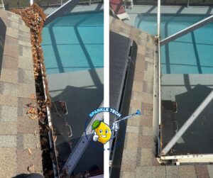 Before and after image of a gutter cleanout clogged with leaves near a pool lanai, showing the transformation from a full, leaf-filled gutter to a clean, clear one.