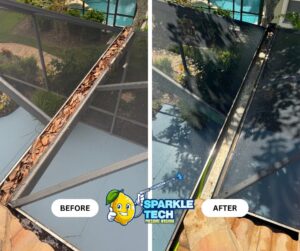 Before and after image of a gutter cleanout on a tile roof, showing the contrast between clogged, debris-filled gutters and clean, clear gutters after the service.