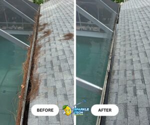 Before and after image of a gutter cleanout clogged with pine needles, showing the transformation from a full, debris-packed gutter to a clean, clear one.