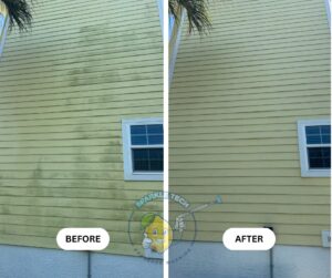 Before and after image of a yellow siding house wash, showcasing the dramatic difference from a faded, dirty exterior to a bright, freshly cleaned surface.