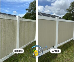 Before and after image of a beige fence, showcasing the transformation from a weathered, dirty surface to a clean, refreshed appearance.