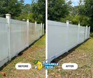 Before and after image of a fence, showing the transformation from a dirty, stained surface to a clean, refreshed appearance.