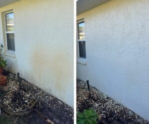 Before and after image of a stucco home, showing the removal of rust stains caused by objects against the exterior, with the first image displaying visible rust and the second image showing a clean, restored surface.