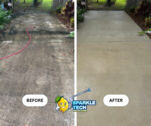 Before and after image of a concrete driveway cleaning, showing the transformation from a grimy, stained surface to a clean, refreshed concrete driveway.