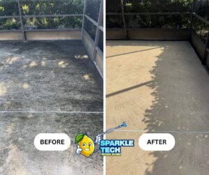 A before-and-after image of a pool lanai in Palm Coast. The "before" side shows the lanai's surfaces covered in green algae and grime, while the "after" side displays a sparkling clean lanai with no visible algae, highlighting a significant transformation in its appearance.