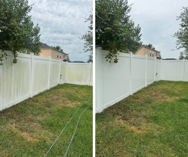 Before and after image of a fence cleaning, showing the contrast between a stained, dirt-covered fence and a freshly cleaned, restored surface.