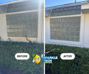 Before and after image showing rust under a window, with the first image displaying visible rust stains and the second image showing a clean, rust-free surface.