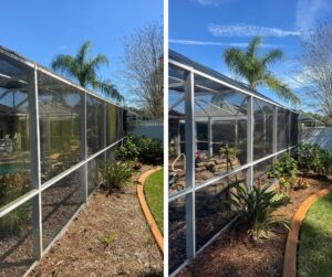 Before and after image of a pool screen soft wash, showcasing the difference between a stained, algae-covered screen and a clean, pristine surface.