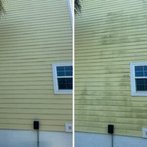 Before and after image of a yellow siding house wash, showcasing the dramatic difference from a faded, dirty exterior to a bright, freshly cleaned surface.