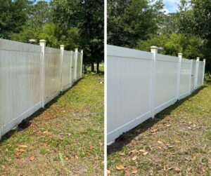 Before and after image of a fence, showing the transformation from a dirty, stained surface to a clean, refreshed appearance.